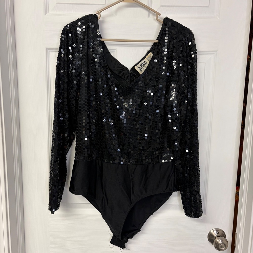 Vintage Nite Line Black Sequin Bodysuit Long Sleeve V-Neck Size 1X Retro Glam